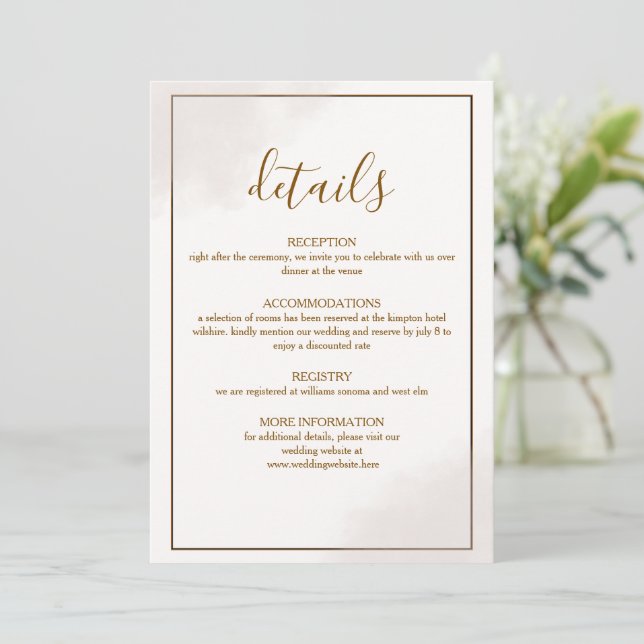 Gold Minimalist Wedding Details Card (Standing Front)