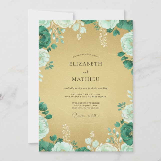 Gold Mint Blossom Wedding Invitation (Front)