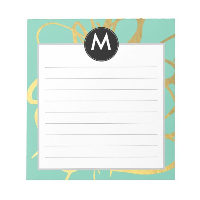 Gold & Mint Brushstrokes Monogram Initial Notepad (Front)