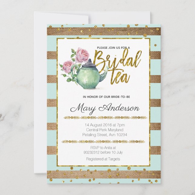 Gold Mint Elegant Bridal Tea Party Invitation (Front)