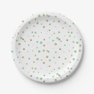 Gold Mint Faux Glitter Confetti Dots Paper Plate