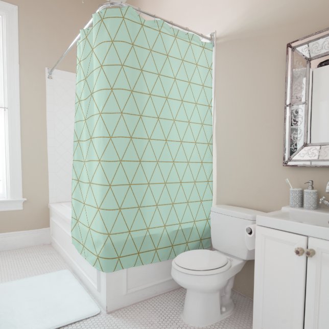 Gold Mint Geometric Triangles Boho Glam Minimal Shower Curtain (In Situ)
