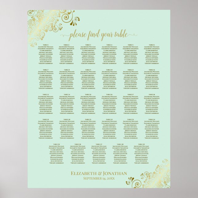 Gold & Mint Green 29 Table Wedding Seating Chart (Front)