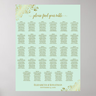 Gold & Mint Green 29 Table Wedding Seating Chart