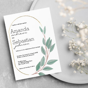 Gold mint green brown foliage floral wedding  invitation