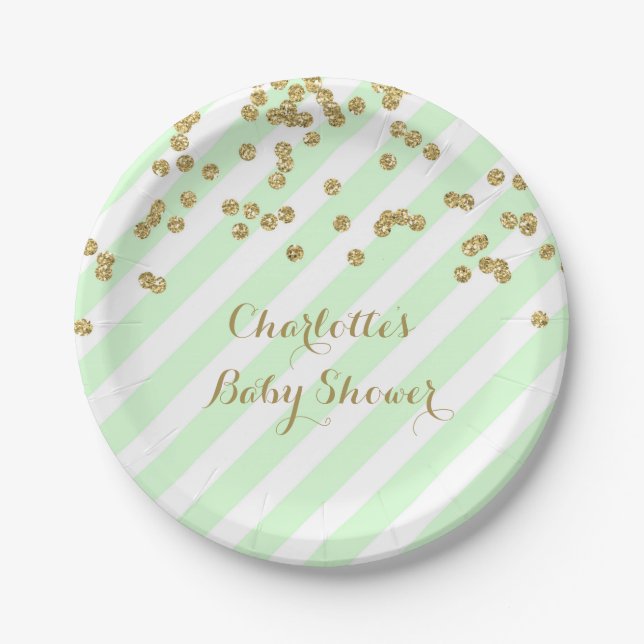 Gold Mint Green Confetti Stripes Baby Shower Plate (Front)