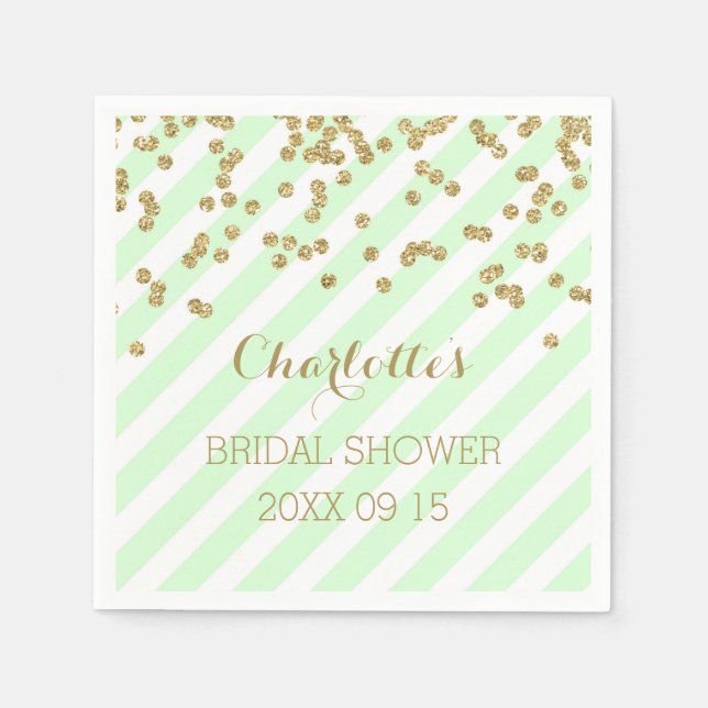 Gold Mint Green Confetti Stripes Bridal Shower Napkin (Front)