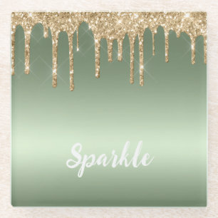 Gold Mint Green Glitter Drips Glass Coaster