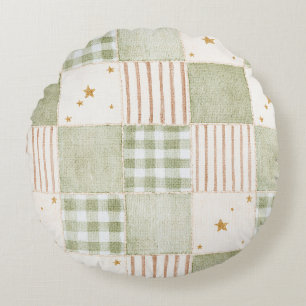 Gold Mint Green Stars Stripes Patches   Round Cushion