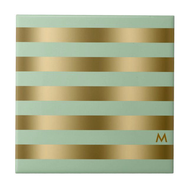 Gold & Mint-Green Stripes Geometric Pattern Ceramic Tile (Front)