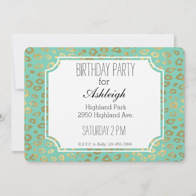 Gold Mint Ombre Leopard Print birthday Invitation (Front)