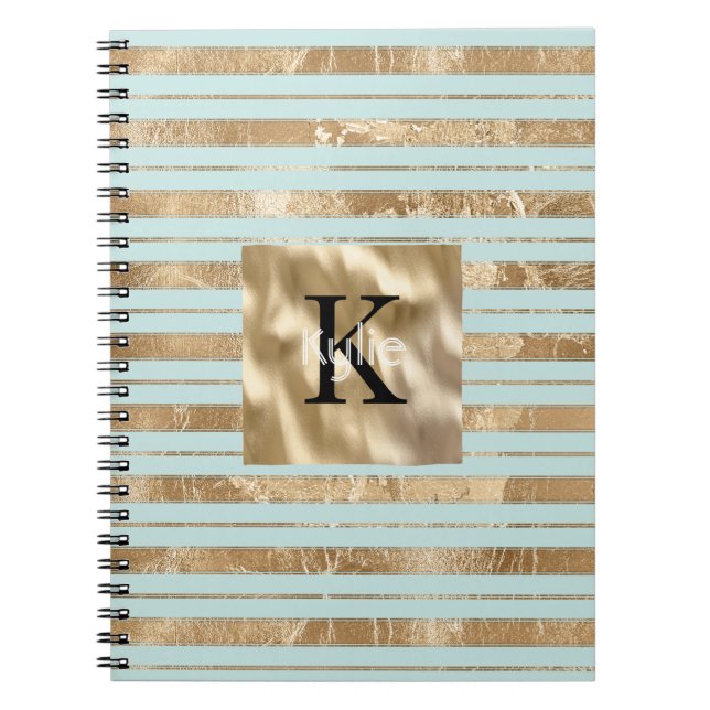 Gold Mint Stripes Monogram Name Notebook (Front)