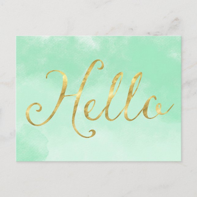 Gold Mint Watercolor Glam Hello Postcard (Front)