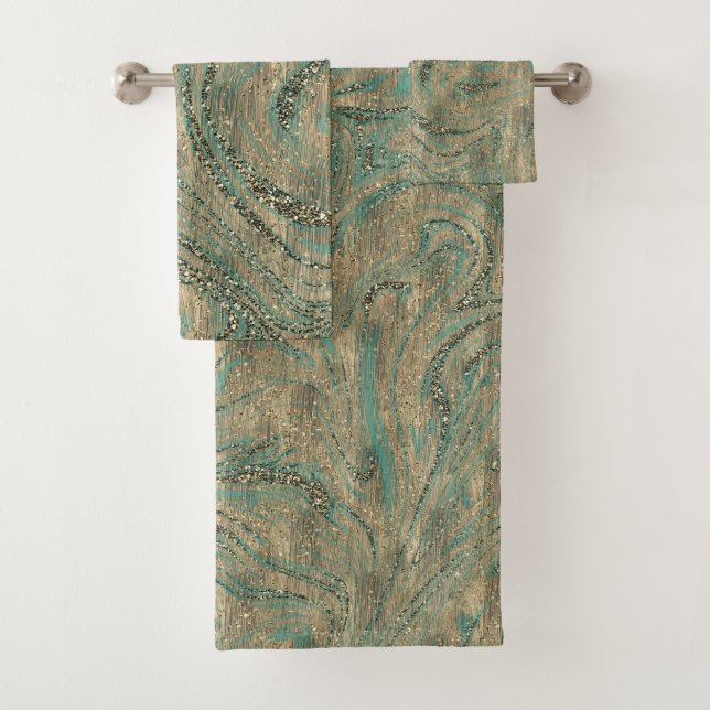 Gold & Minty Turquoise Glitter Swirl Sparkle  Bath Towel Set (Insitu)
