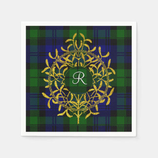Gold Mistletoe Blackwatch Plaid Monogram Napkin