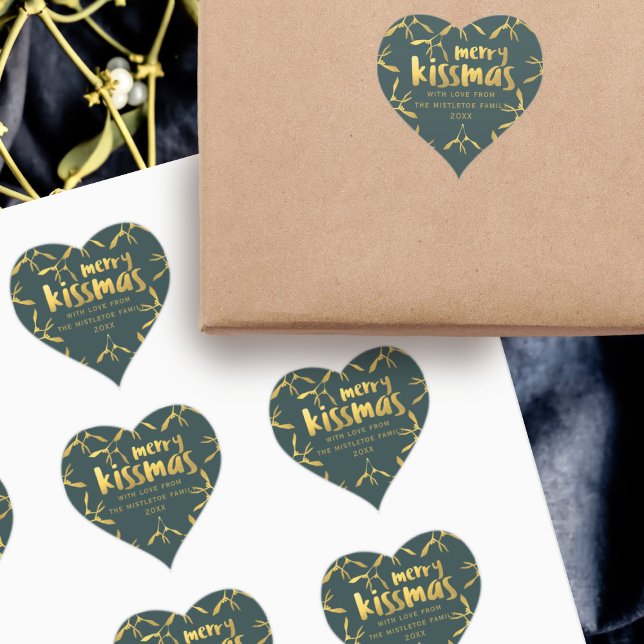 Gold Mistletoe Christmas Holiday Heart Sticker  (Add your family name and date to these green and faux gold foil Merry Kissmas stickers)