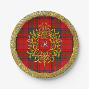 Gold Mistletoe Stewart Plaid Monogram Paper Plate