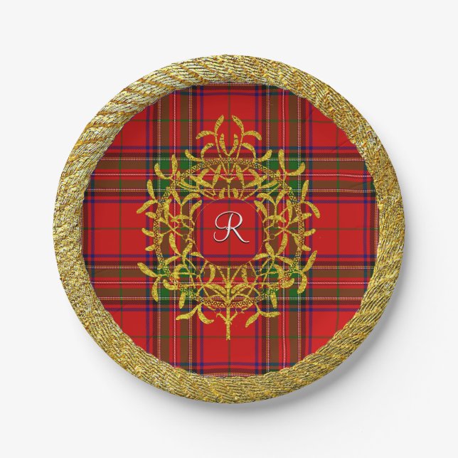 Gold Mistletoe Stewart Plaid Monogram Paper Plate (Front)