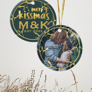Gold Mistletoe Wreath Christmas Photo Ornament