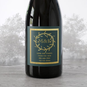 Gold Mistletoe Wreath Monogram Green Wine Label