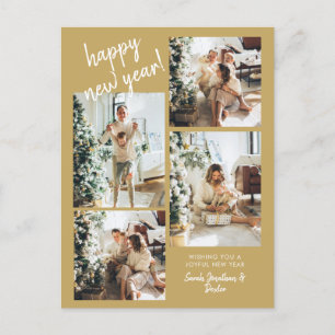 Gold Modern Brush Script 4 Photo Happy New Year Postcard