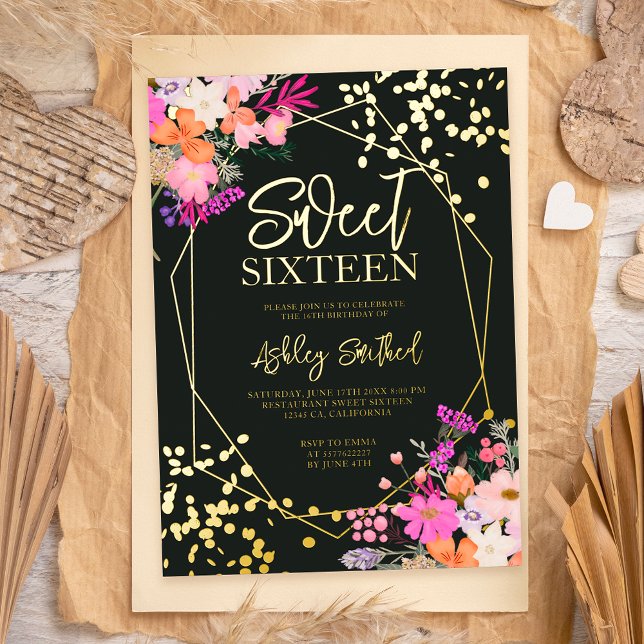 Gold modern chic floral watercolor photo Sweet 16 (Creator Uploaded)
