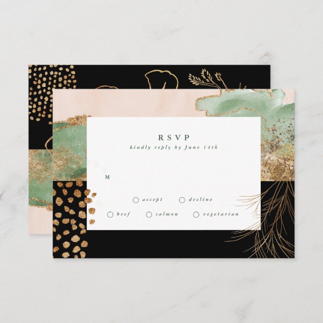 Gold Modern Eucalyptus Abstract Greenery Onyx RSVP Card (Front/Back)