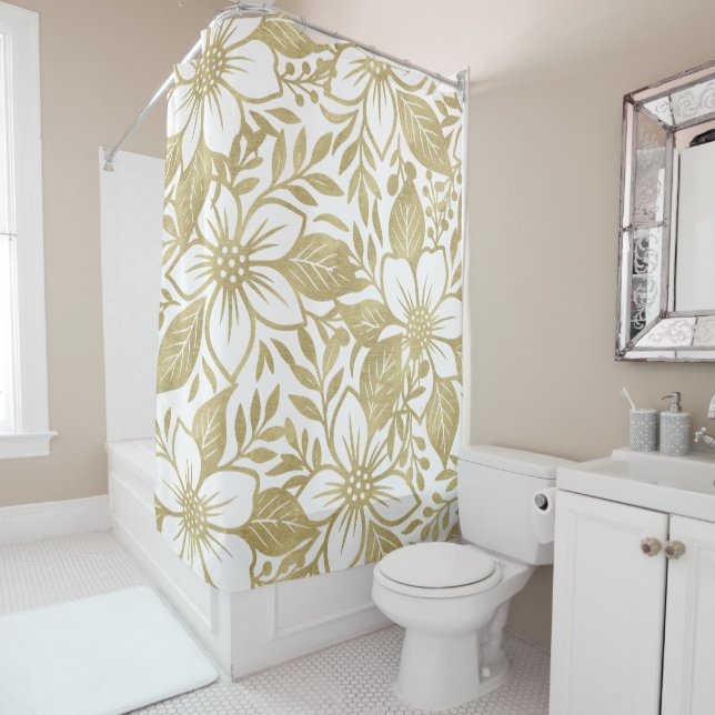 Gold Modern Floral Bloom Shower Curtain (In Situ)