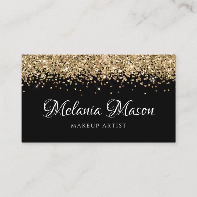 Gold Modern Glitter Makeup Artist Black Elegant Business Card (Front)