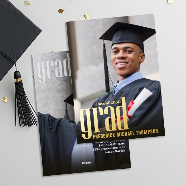 Gold Modern Grad Graduation Photo Template (Gold foil modern typography graduation invitation template. )