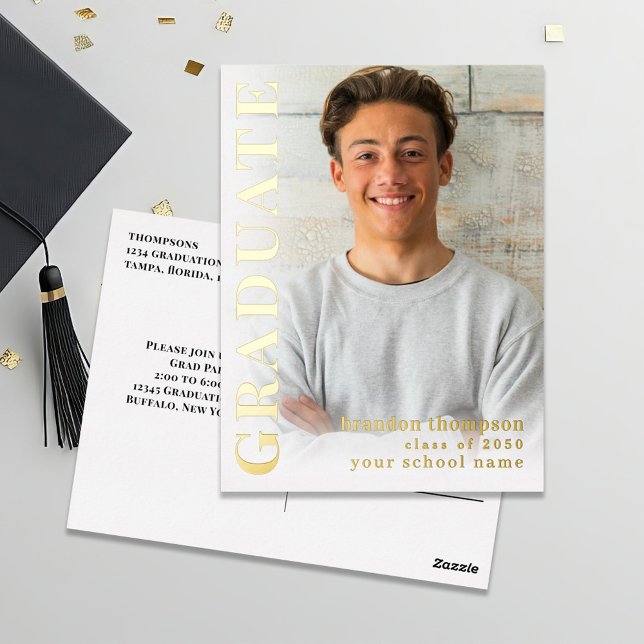 Gold Modern Graduate Photo Invitation Template (Gold foil graduation invitation announcement photo postcard. )