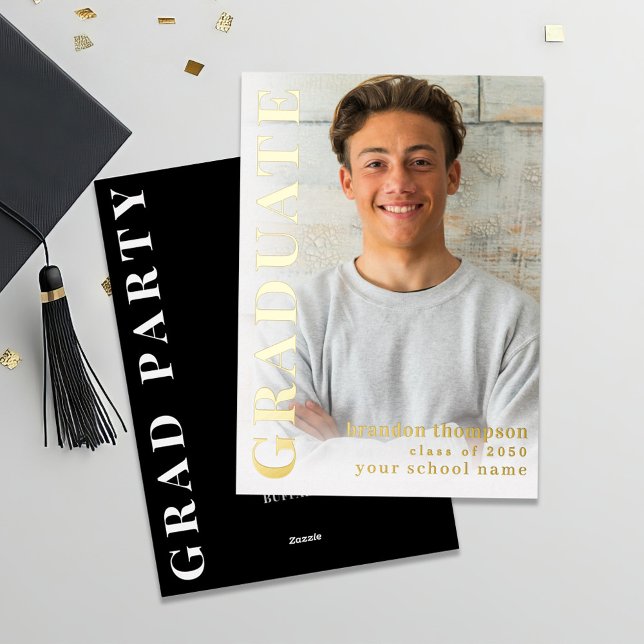 Gold Modern Graduate Photo Template (Graduate gold foil invitation announcement card. )