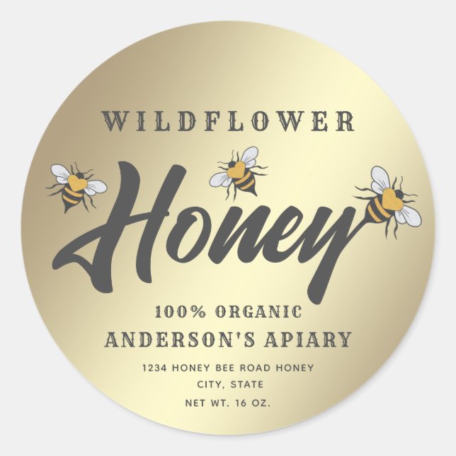 Gold Modern heart honey bee honey jar  Classic Round Sticker (Front)