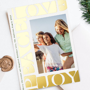 gold modern LOVE PEACE JOY  one photo frame Foil Holiday Card