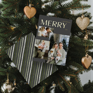 Gold Modern Merry 3 Photo Collage Grey Christmas Foil Holiday Card