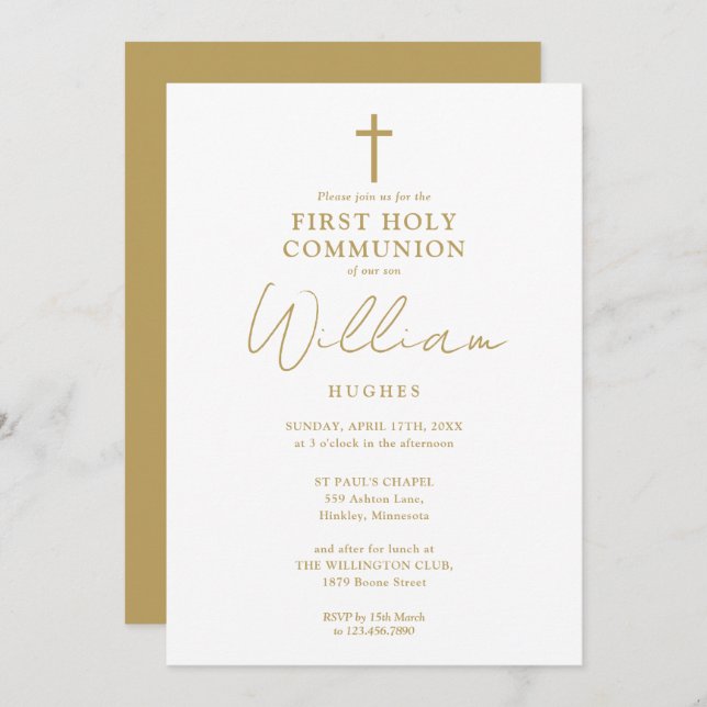 Gold Modern Minimalist First Holy Communion Invitation (Front/Back)