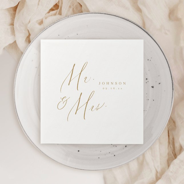 Gold modern Mr. and Mrs. script minimalist wedding Napkin (Gold modern Mr. and Mrs. script minimalist wedding Napkins)