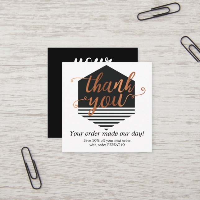 Gold Modern Personalised Order Circle Thank You  Square Business Card (Front/Back In Situ)