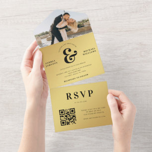 Gold Modern Photo & Ampersand Wedding QR Code All In One Invitation