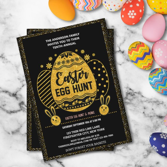 Gold Modern Rabbit Easter Egg Hunt Invitation (Creator Uploaded)