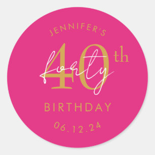 Gold Modern Script 40th Birthday Party Hot Pink Classic Round Sticker