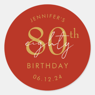 Gold Modern Script 80th Birthday Party Red Classic Round Sticker