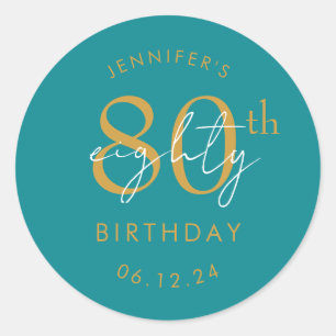 Gold Modern Script 80th Birthday Party Turquoise Classic Round Sticker