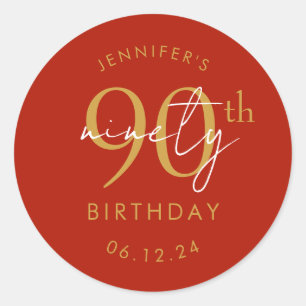 Gold Modern Script 90th Birthday Party Red Classic Round Sticker
