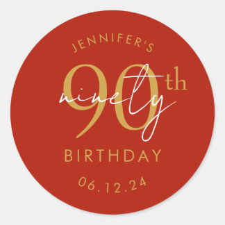 Gold Modern Script 90th Birthday Party Red Classic Round Sticker