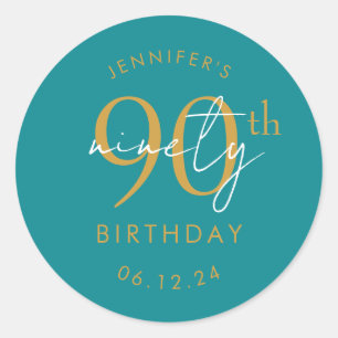 Gold Modern Script 90th Birthday Party Turquoise Classic Round Sticker
