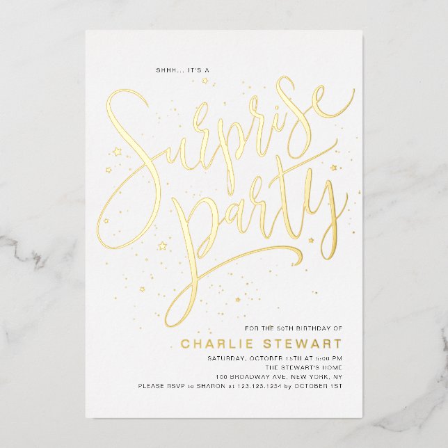 Gold Modern Script Any Age Surprise Birthday Party (Front)