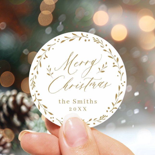 Gold Modern script Merry Christmas Holiday Gift Classic Round Sticker (Gold Modern script Merry Christmas Holiday Gift Classic Round Sticker)