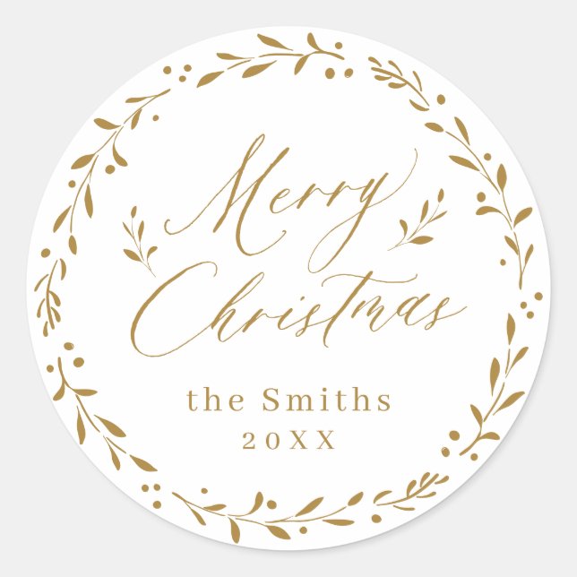 Gold Modern script Merry Christmas Holiday Gift Classic Round Sticker (Front)