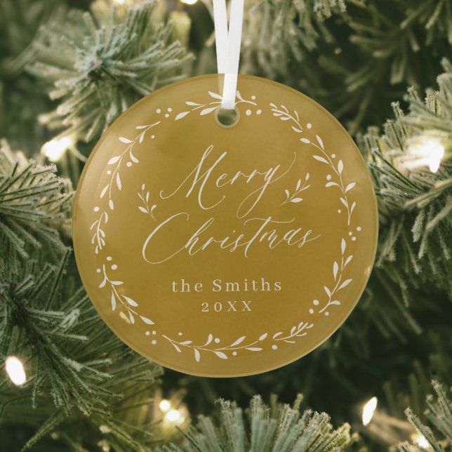 Gold Modern script Merry Christmas Holiday Metal O Glass Tree Decoration (Insitu)